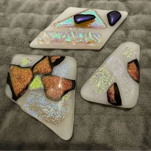 White Dichroic Art Glass Pieces – Iridescent Copper, Violet & Gold Accents - Picture 9 of 17